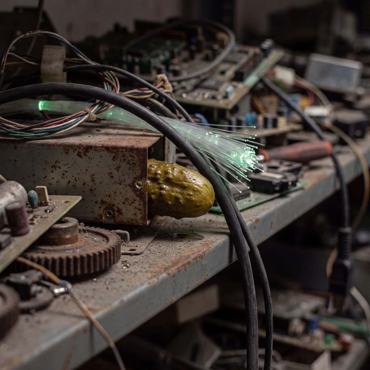 Pickled's brand imagery — a pickle wired into vintage circuit boards