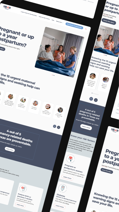 Hear Her Texas content pages shown on desktop and mobile
