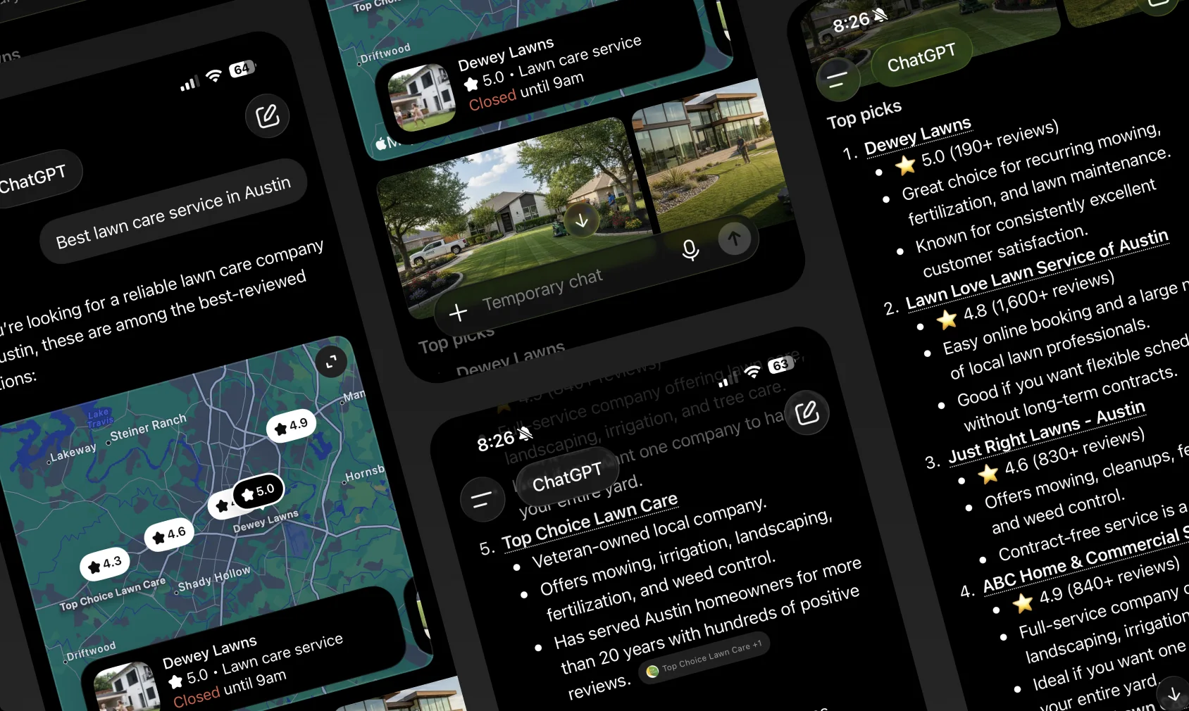 Collage of ChatGPT screenshots for the prompt “Best lawn care service in Austin,” with Dewey Lawns listed first in the top picks and on the map.